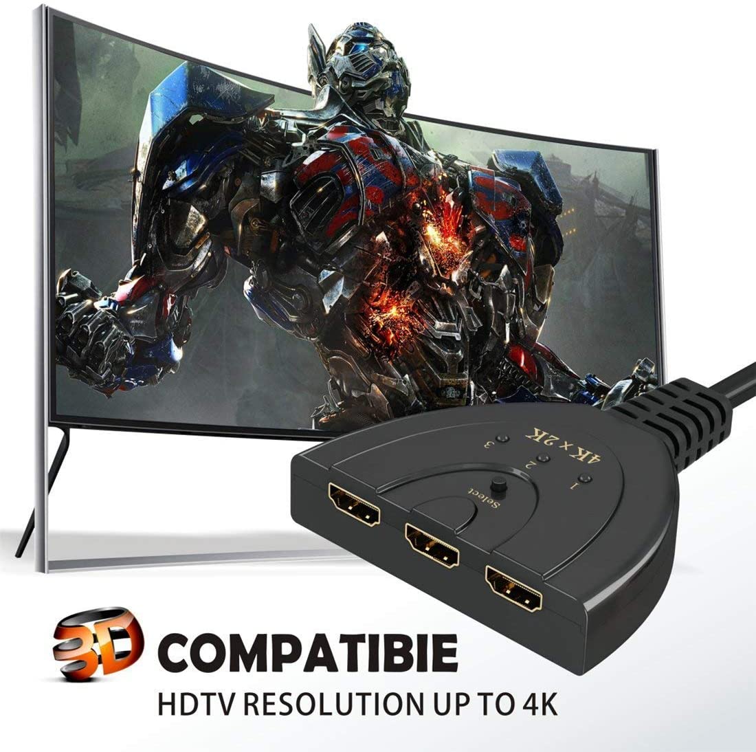 HDMI Switch, 3 Port 4K HDMI Switch 3x1 Switch Splitter with Pigtail Cable Supports Full HD 4K 1080P 3D Player