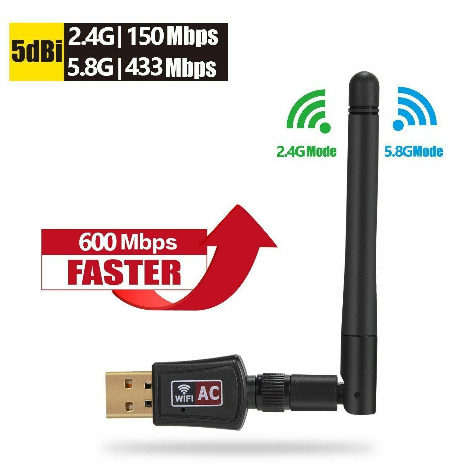 USB WiFi Adapter, 600Mbps Dual Band (2.4G/150Mbps+5G/433Mbps) Wireless Network Card Adapter for Desktop Laptop PC Windows 10/8.1/8/7/XP/Vista, MAC OS 10.4-10.13
