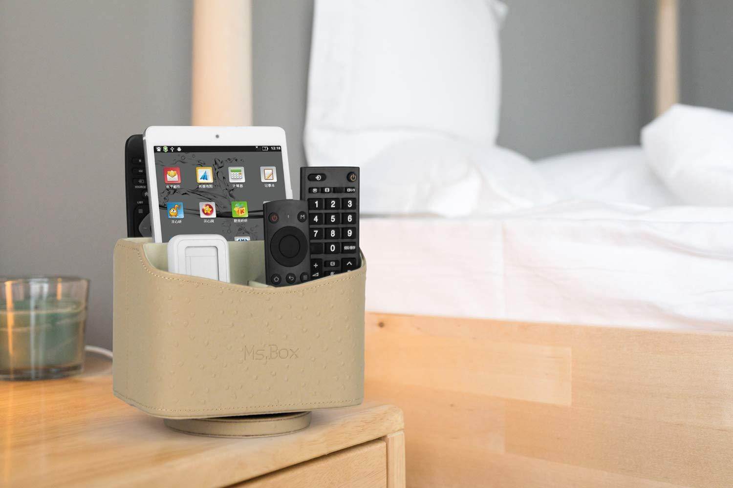 Ostrich PU leather Media Storage Spinning Remote Controller Holder, Remote Control Holder Organizer, Remote Caddy with Beautiful Defined Pattern, Makeup Brush Holder, Beige, 7.3x 5.5 x 6 inches