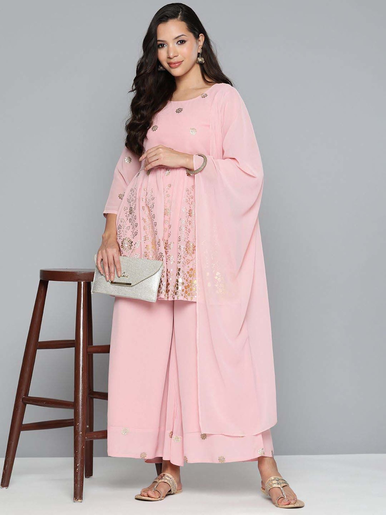 Jompers Pink Printed Kurti Palazzo Set With Dupatta