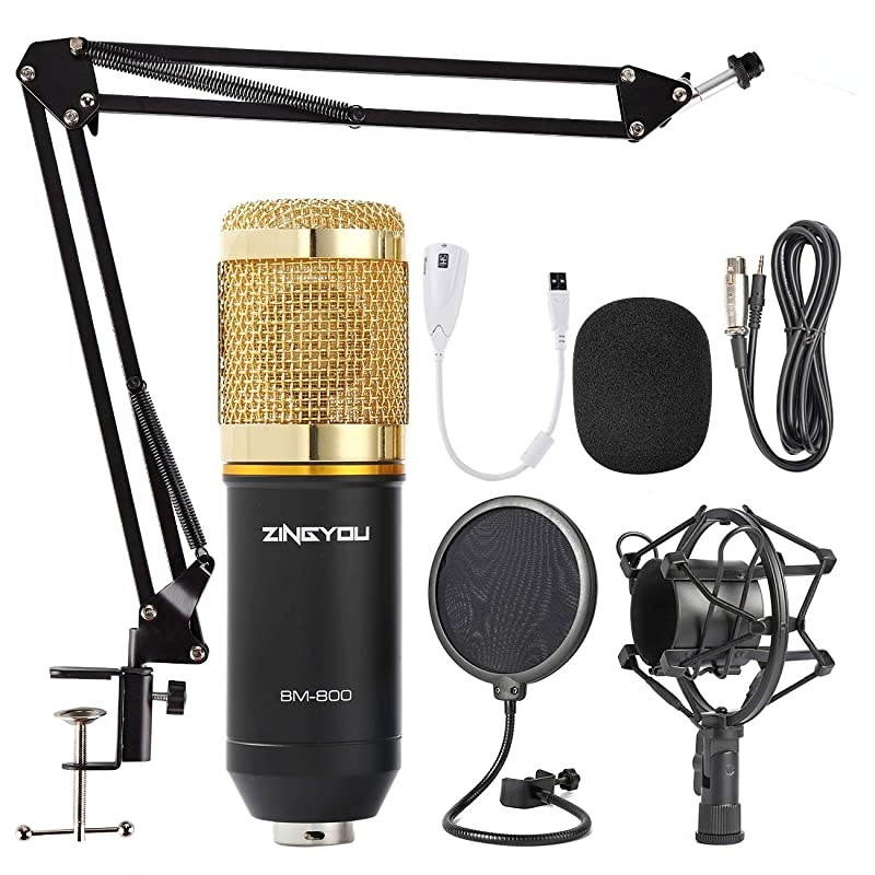 Condenser Microphone Bundle BM800 Mic Kit with Adjustable Mic Suspension Scissor Arm Metal Shock Mount and DoubleLayer Pop Filter for Studio Recording Broadcasting Gold