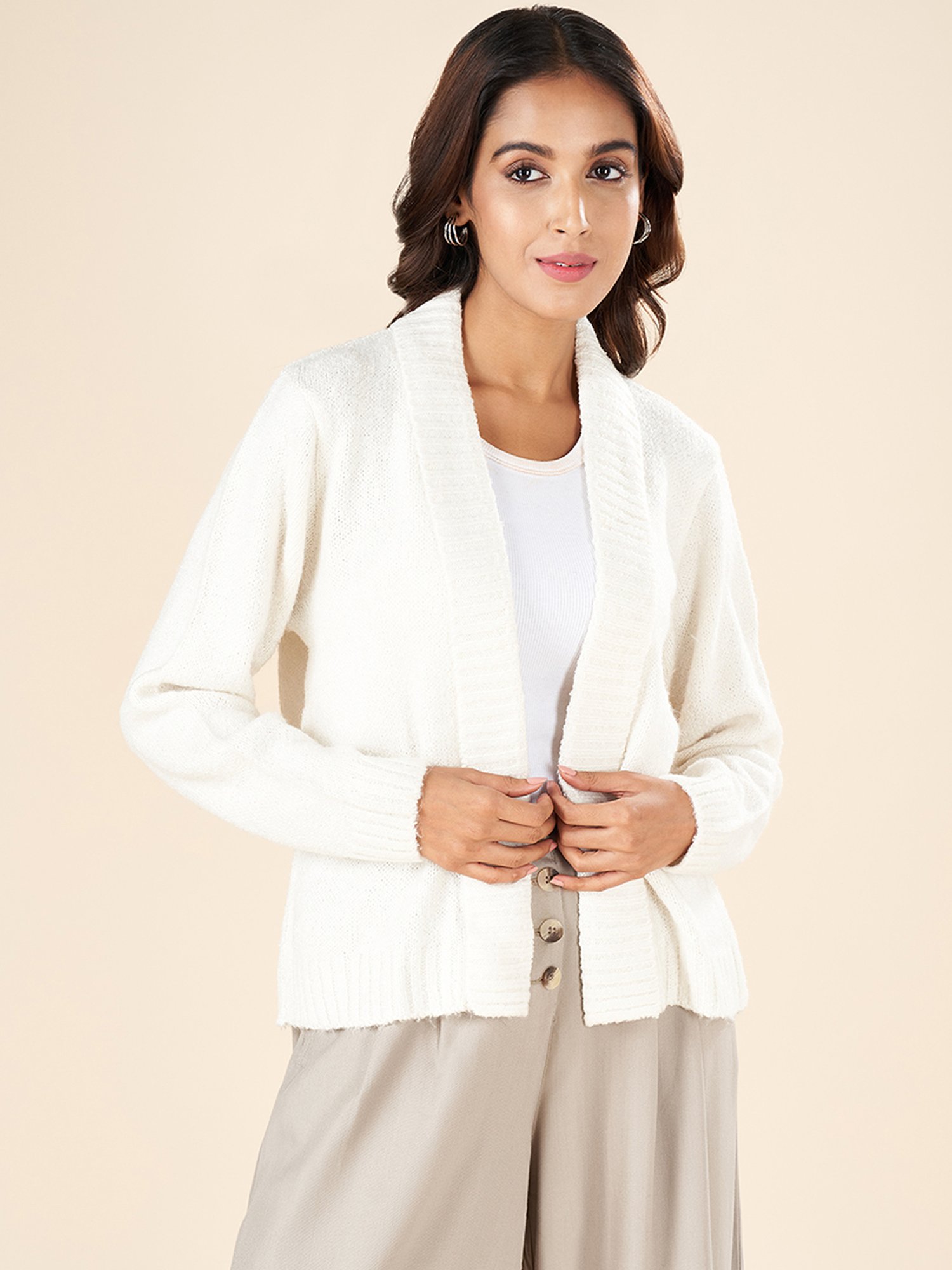 Akkriti by Pantaloons Off-White Self Pattern Shrug