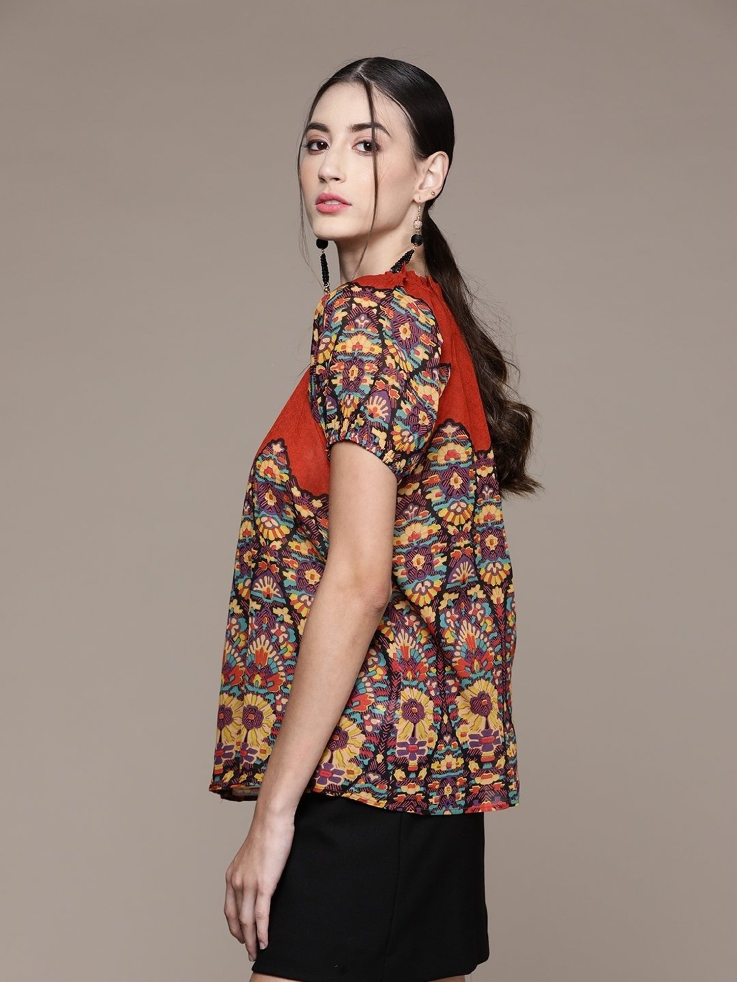 Label Ritu Kumar Rust Cotton Blend Abstract Top