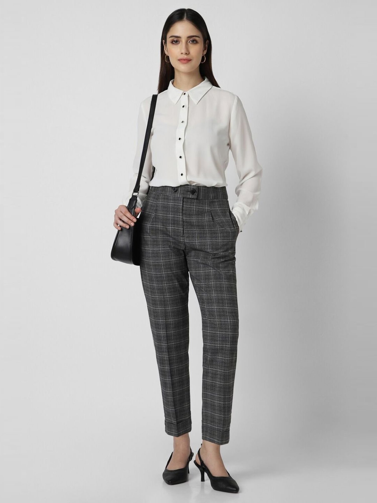 Van Heusen Grey Cotton Chequered Formal Trouser