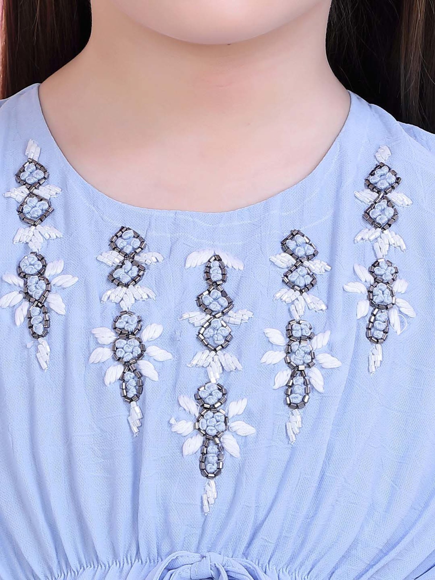 poplins Kids Blue Cotton Embroidered Dress