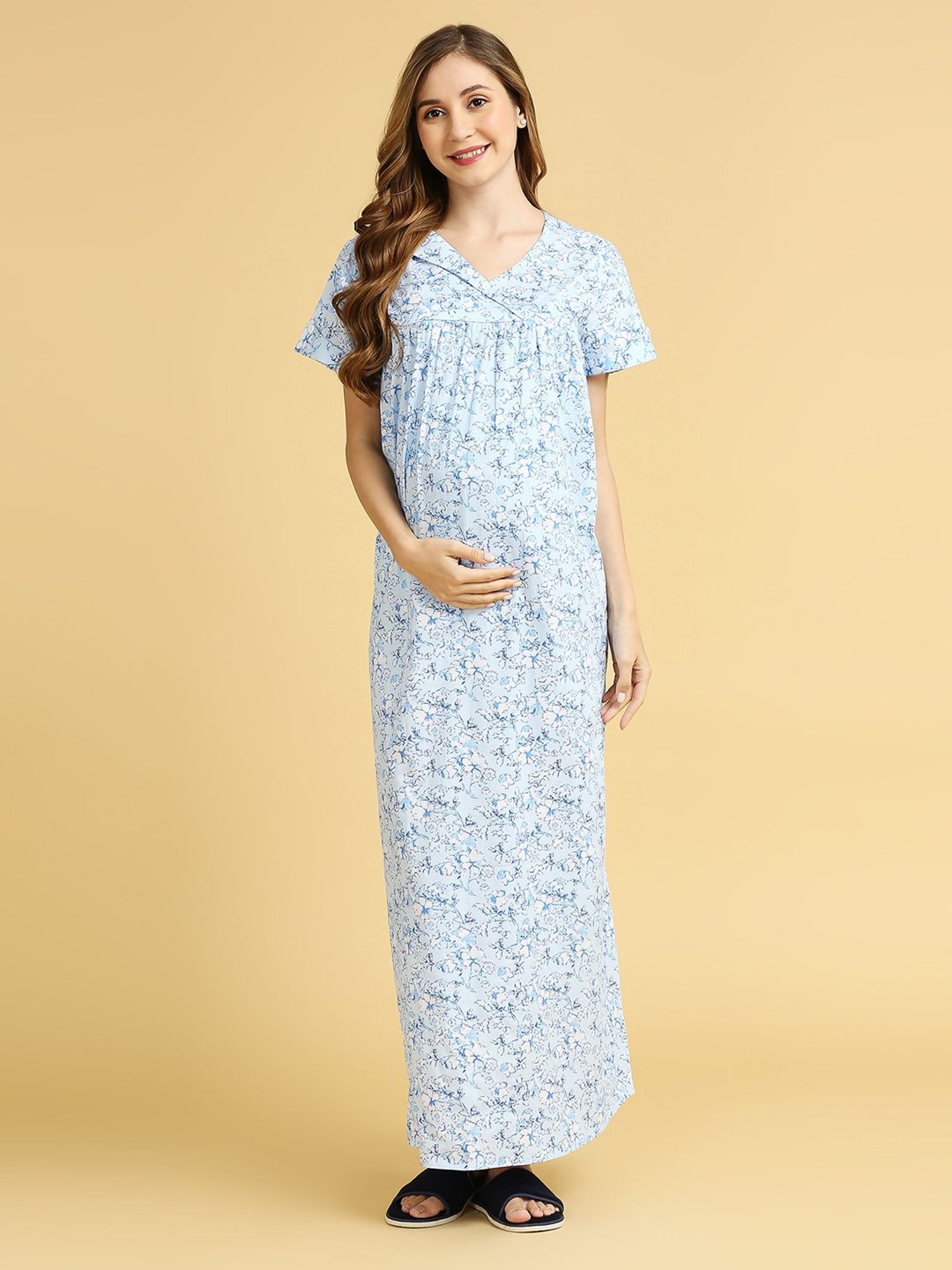 MomToBe Blue Cotton Floral Print Feeding Nighty