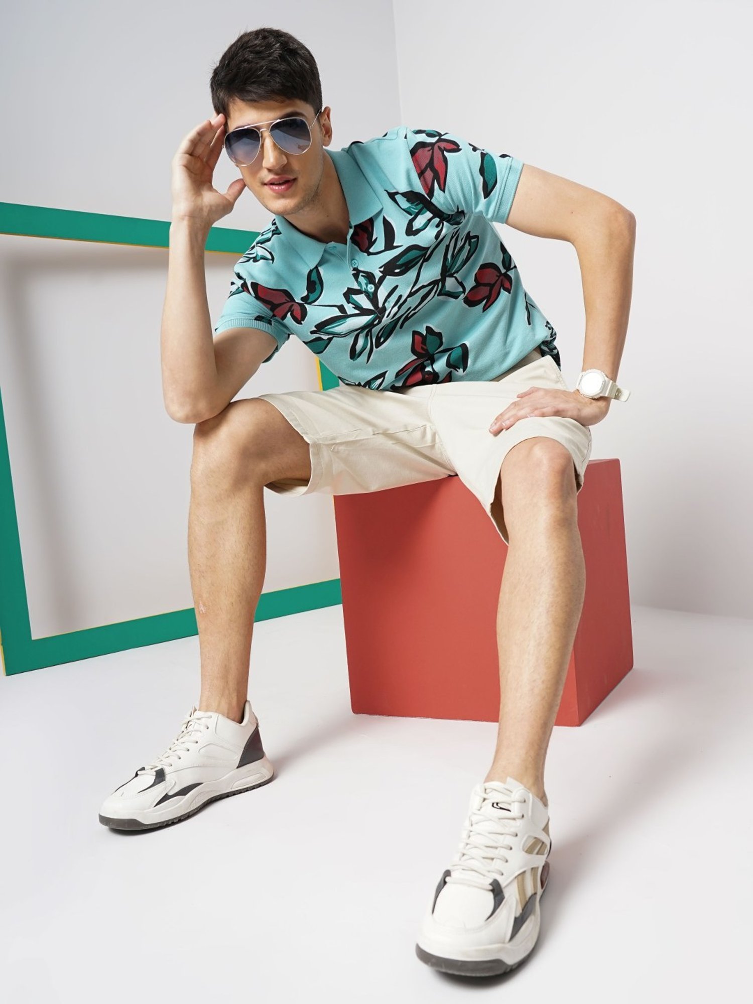 Celio Sea Green Cotton Regular Fit Printed Polo T-Shirt