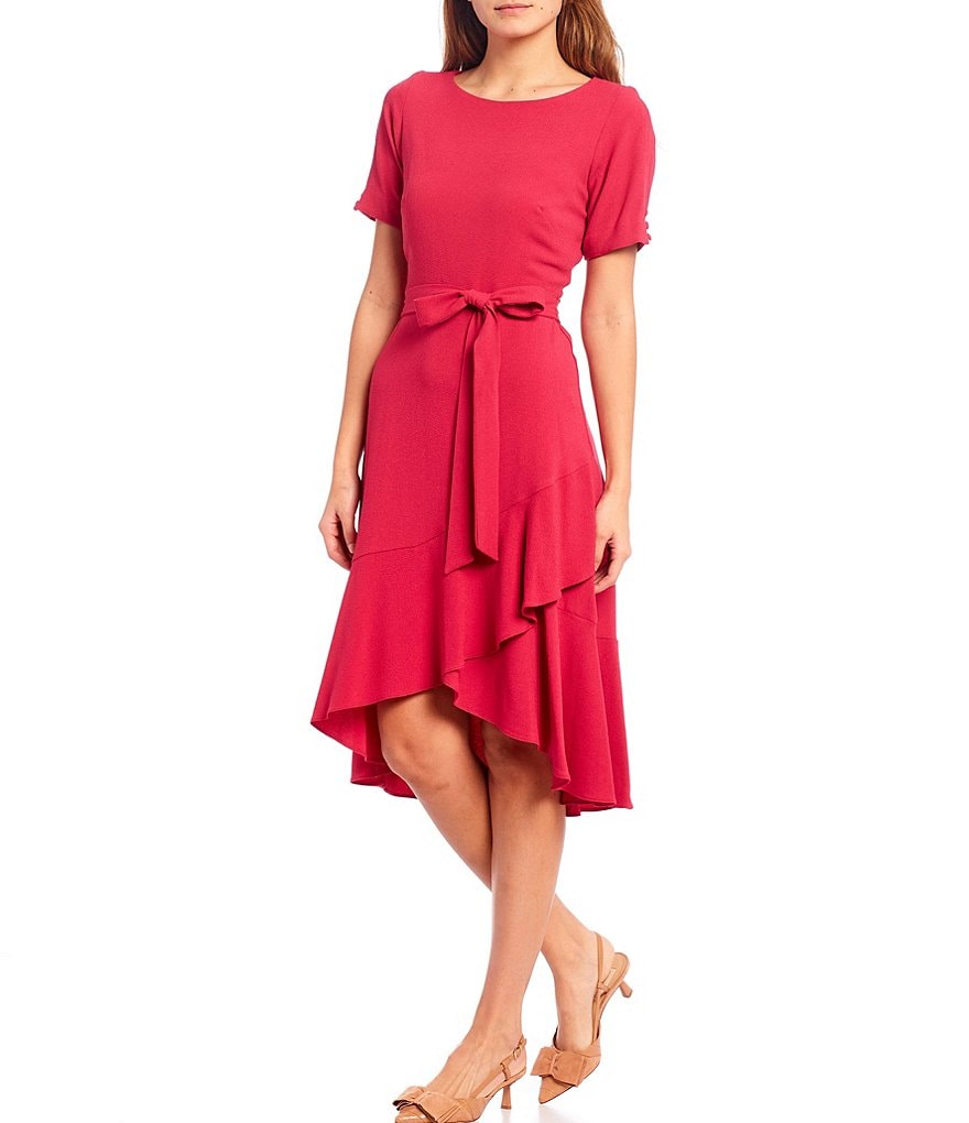 Maison Tara Faux Wrap Ruffle Hem Crepe Dress