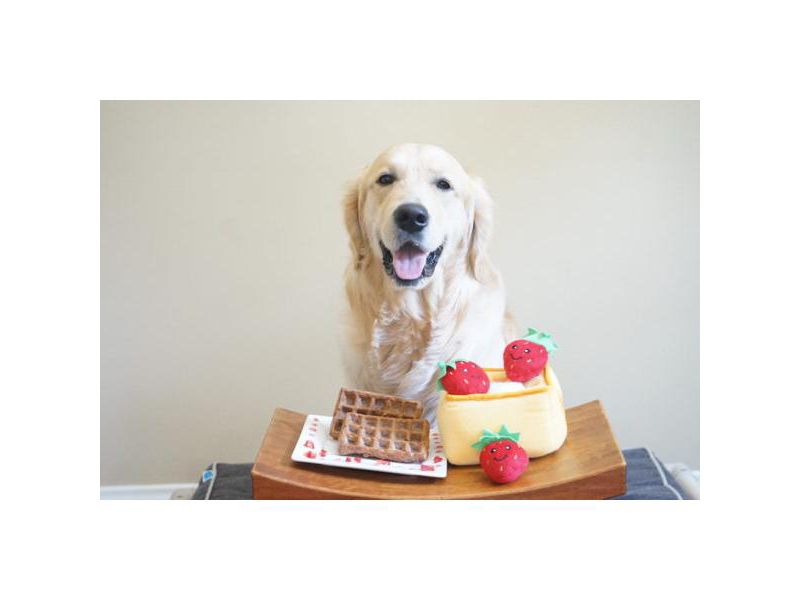 ZippyPaws - Food Buddies Burrow, Interactive Squeaky Hide and Seek Plush Dog Toy - Strawberry Waffles