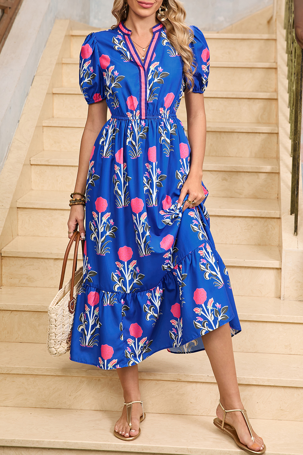 Multicolour Floral Print Split Neck Midi Dress