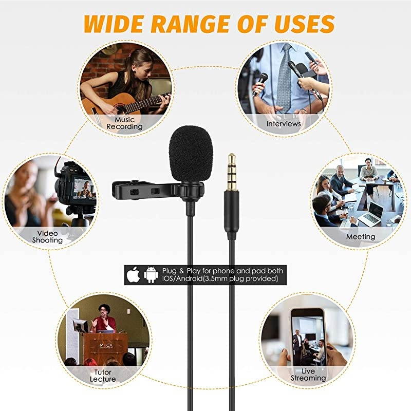 Lapel Microphone Kit Clip on Omnidirectional Lav Mic for iPhone Ipad DSLR Camcorder Zoom PC MacBook Android SmartphonesLapel Mic for YouTube Streaming Video Recording