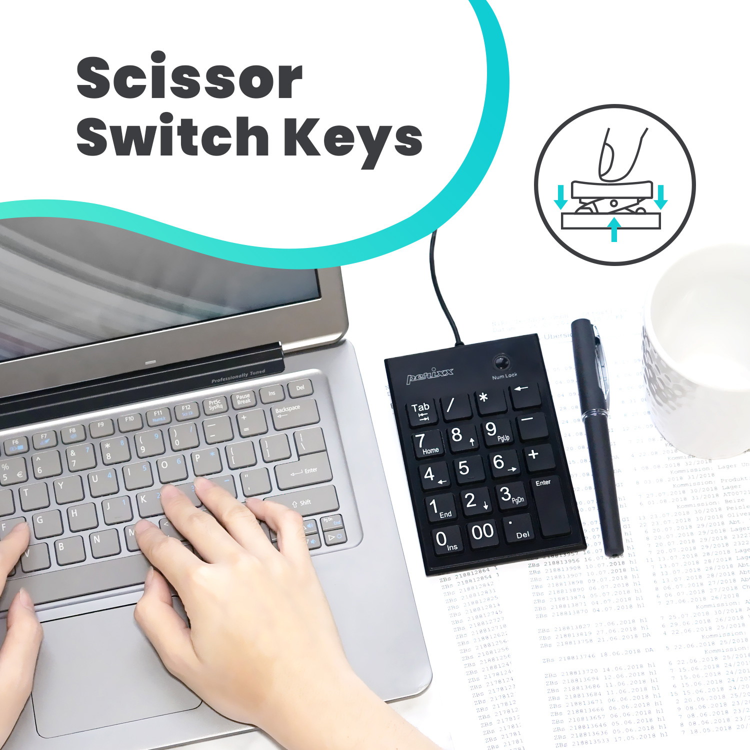 Perixx PERIPAD-303 Wired USB Backlit Mechanical Numeric Keypad, Kailh Brown Switch Illuminated Number Keypad with Office Shortcut Keys, Full Size 22 Keys