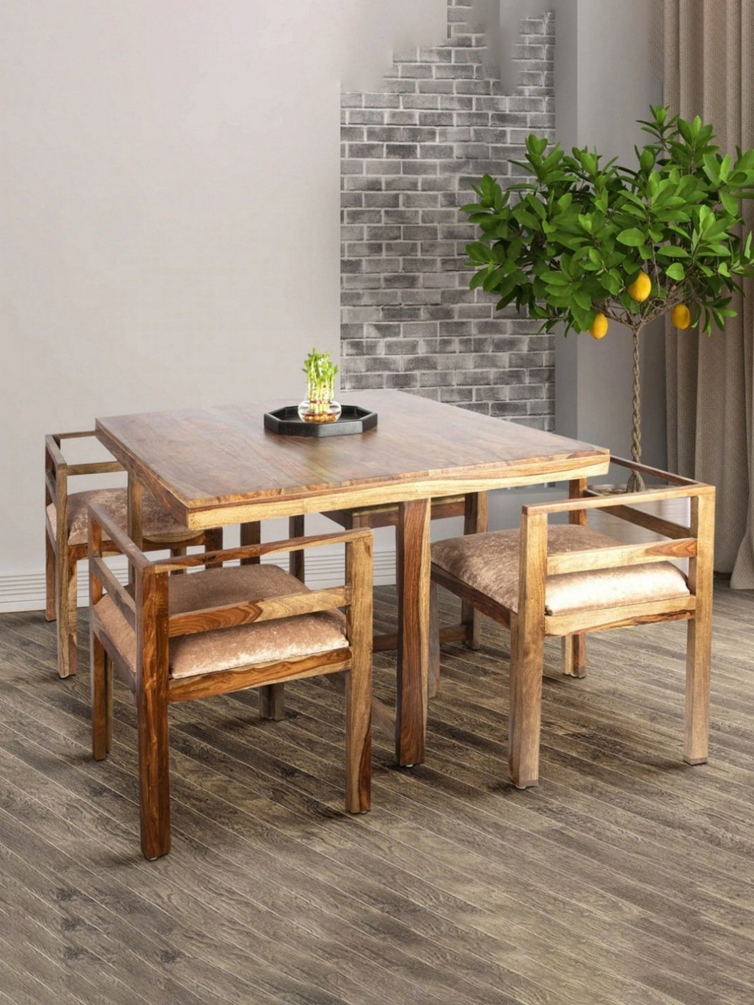 Ikiriya Kingston Solid Brown & Beige Wood 4 Seater Dining Table Set Teak Finish