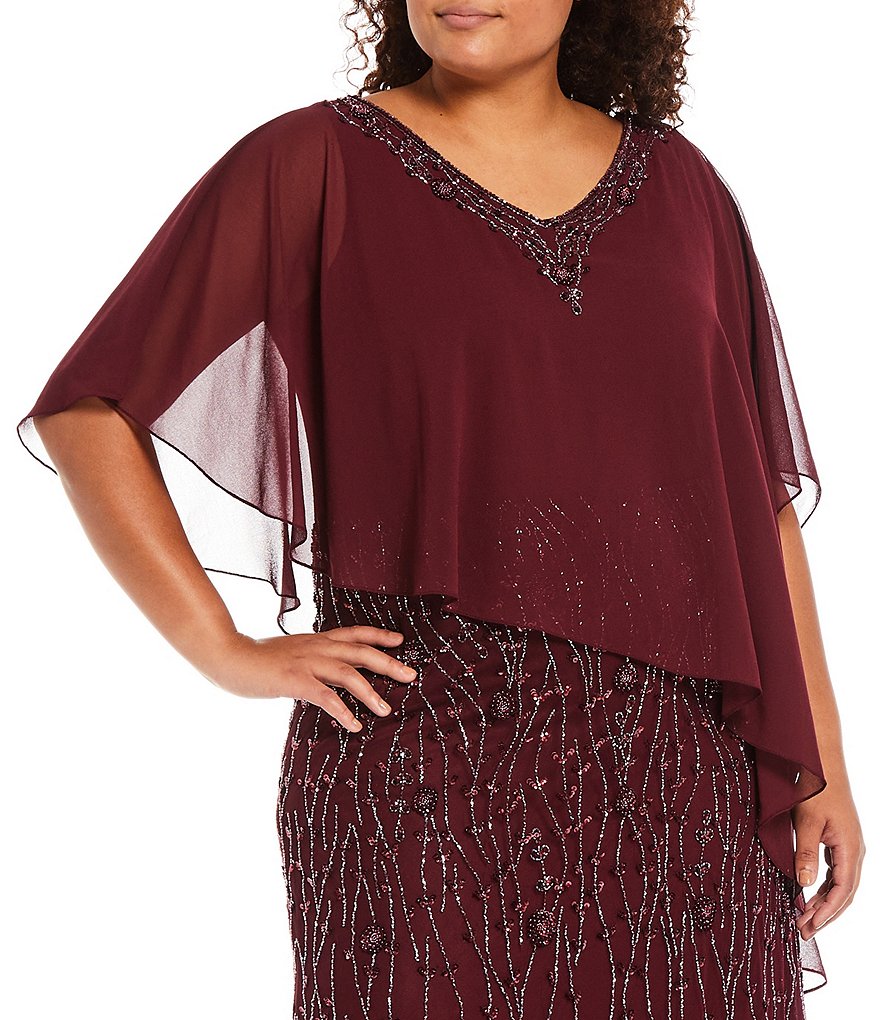 Jkara Plus Size V-Neck Beaded Popover Long Lined Gown