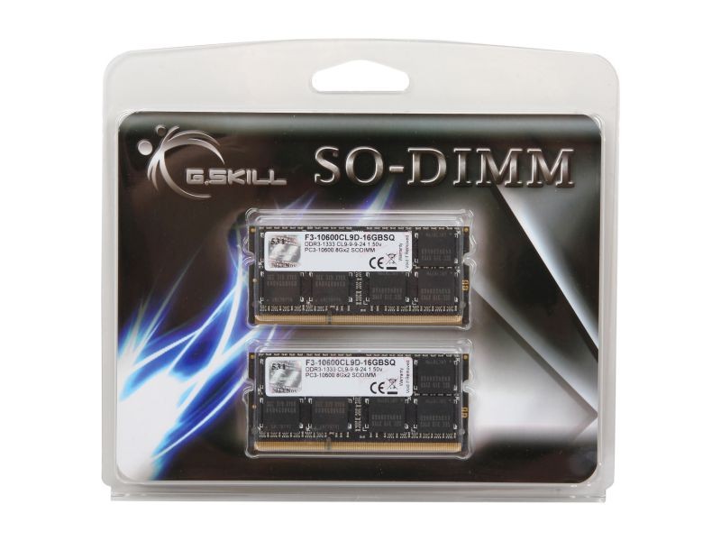 G.SKILL 16GB (2 x 8GB) 204-Pin DDR3 SO-DIMM DDR3 1333 (PC3 10600) Laptop Memory Model F3-10600CL9D-16GBSQ