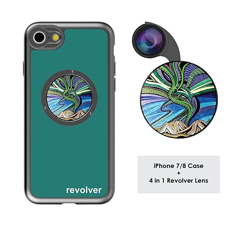 Designer Revolver M Series Camera Kit: 4 in 1 Lens with Case for iPhone 7/8 / SE 2020 &ndash; Fisheye Lens, Wide Angle Lens, Macro Lens, CPL (Aurora Borealis)