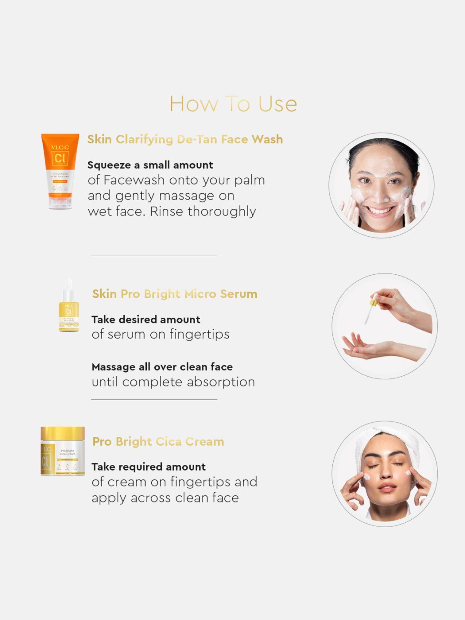 VLCC Clinic ProBright Cica Cream, Skin Clarifying De-Tan Face Wash & ProBright Micro Serum Combo