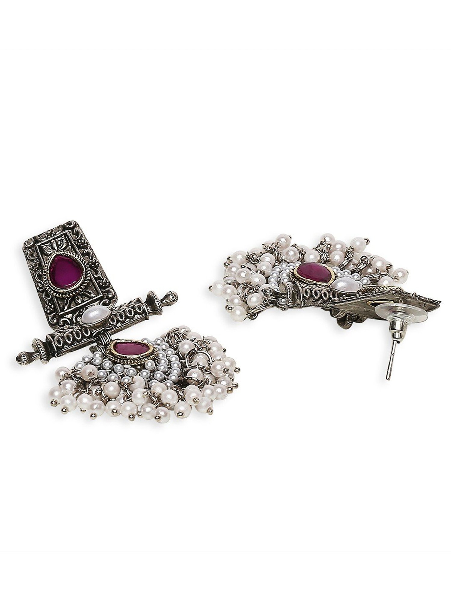 Oomph Oxidized Silver Ethnic Silver Look Alike Maroon Stones Pearls Dangler Earrings