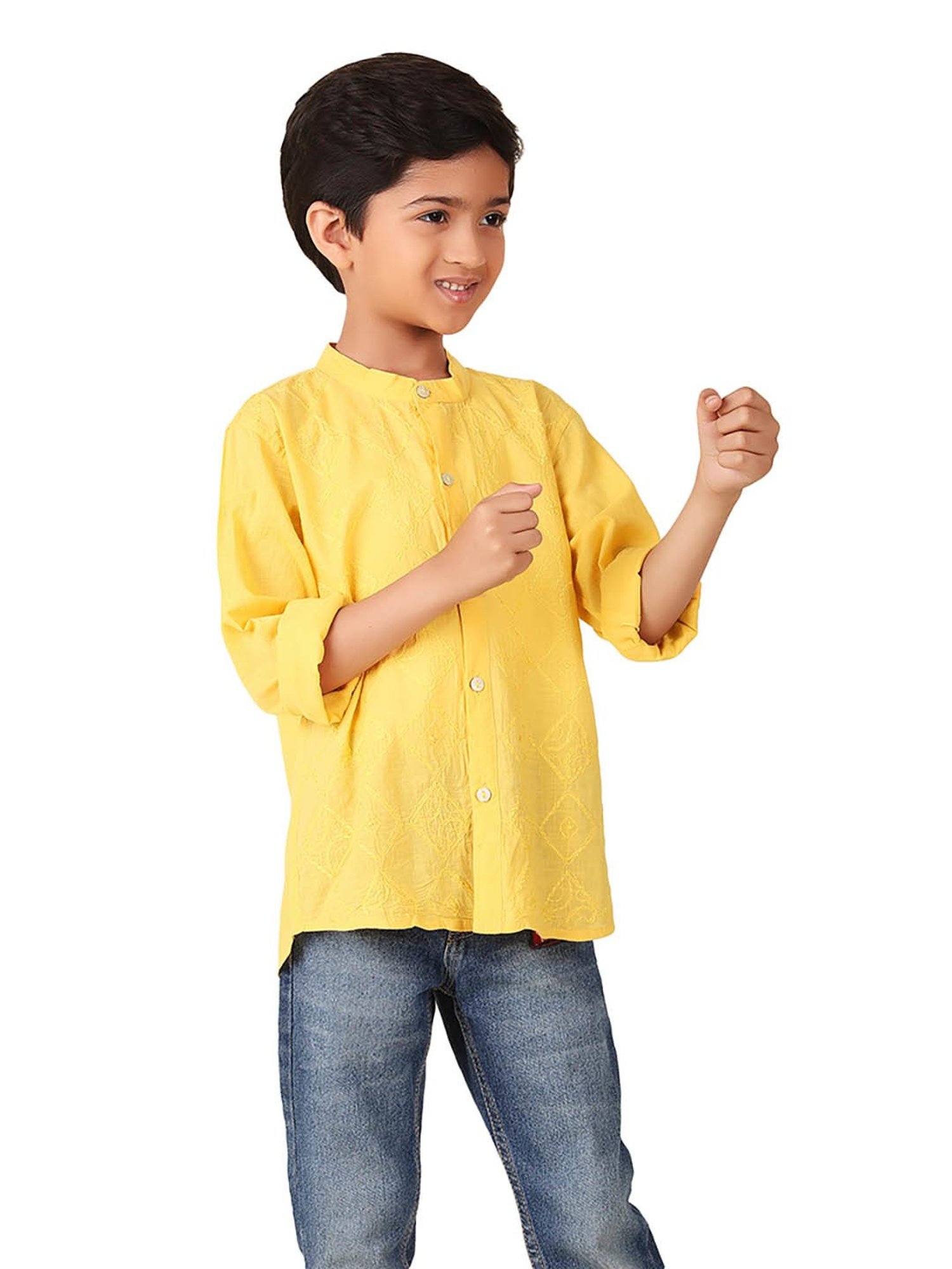 Fabindia Kids Yellow Embroidered Full Sleeves Shirt