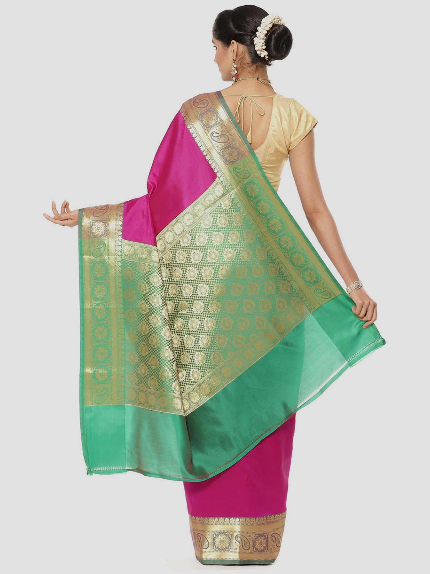 Banarasi Silk Works Pink Woven Saree With Unstitched Blouse