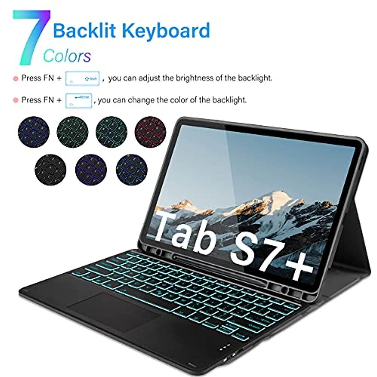 Jelly Comb Backlit Bluetooth Keyboard Case with Trackpad for Samsung Galaxy S7 Plus 12.4" 2020 (SM-T970/T975/T976), Wireless Detachable Keyboard with Mouse pad & Protective Cover & S Pen Holder, Black