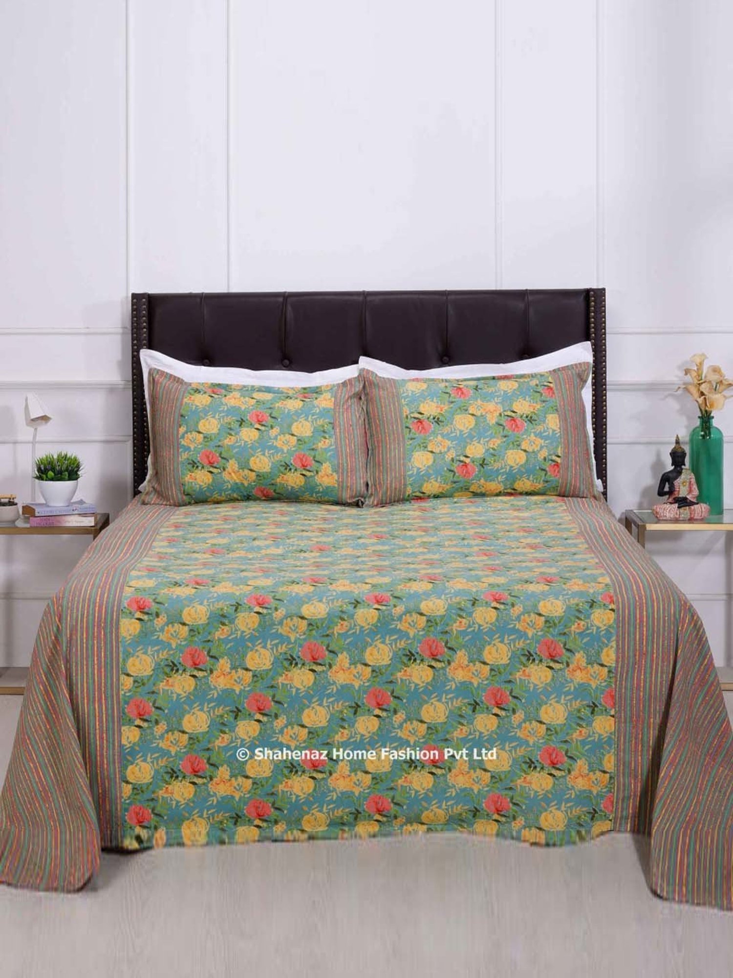 Shahenaz Turquoise 120 TC Cotton Rose Garden Luxury Double Bedsheet with 2 Pillow Covers