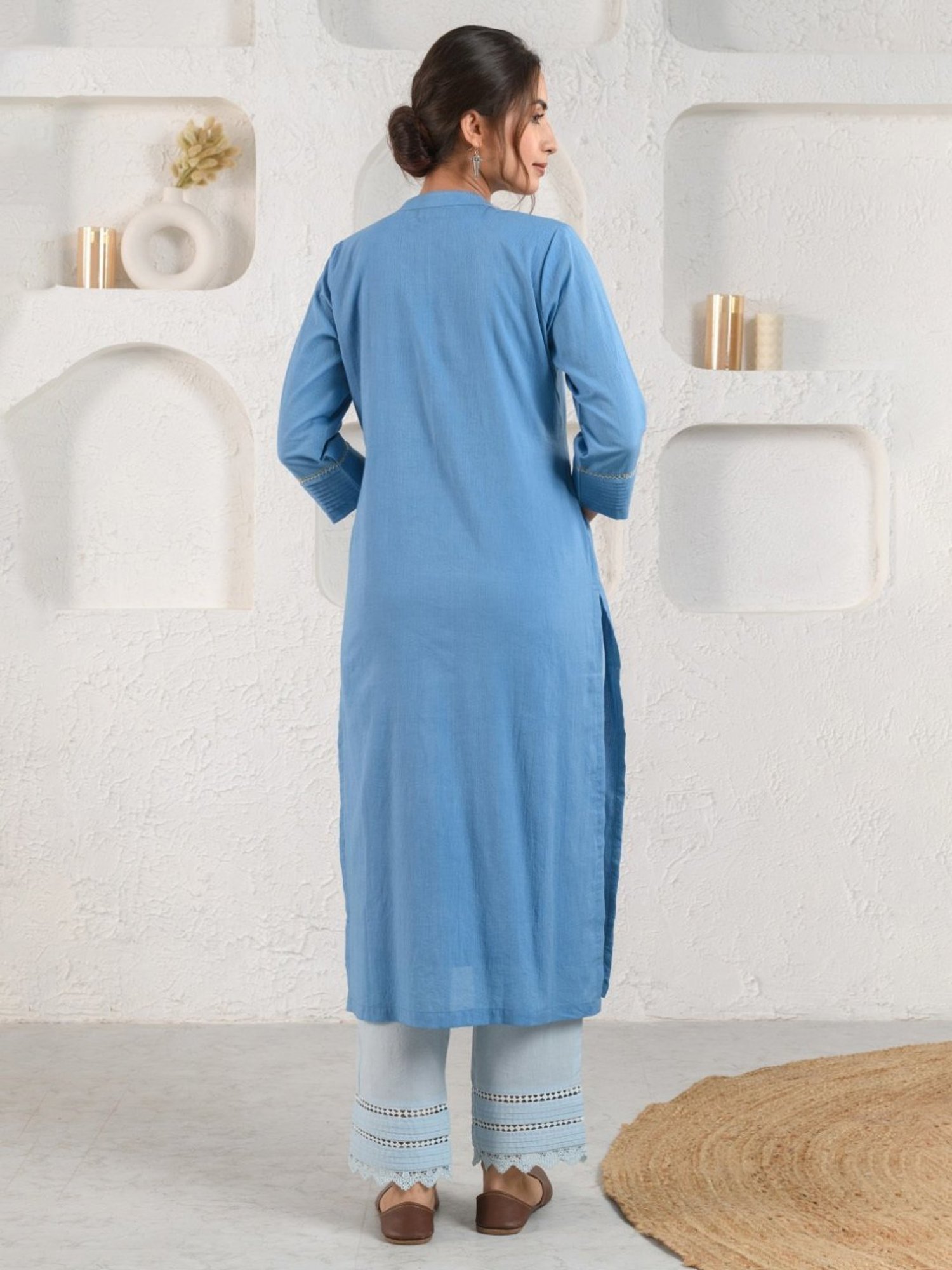 Prakriti Jaipur Blue Pleated Dobby Kurta
