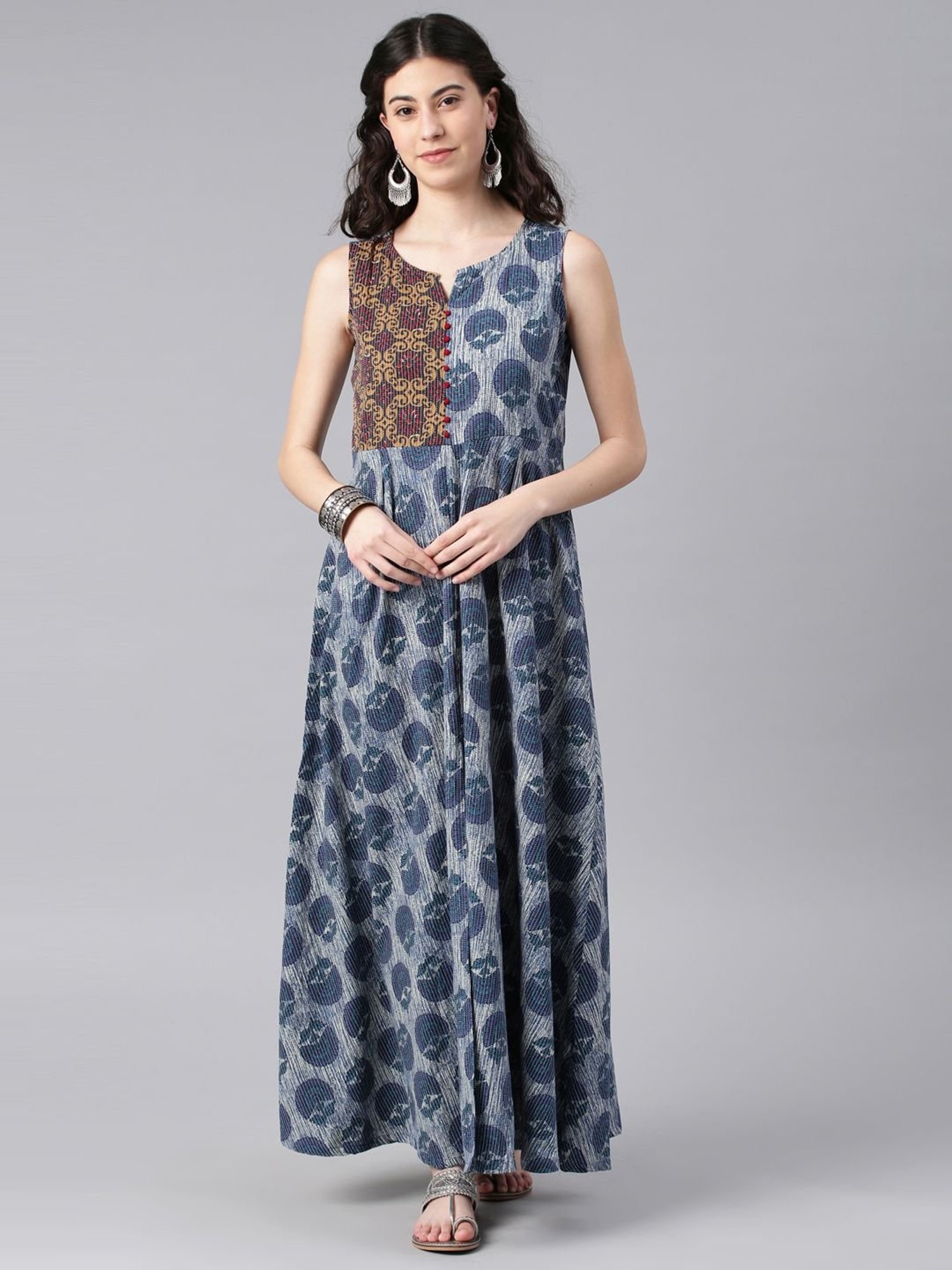 Alena Blue Cotton Printed A Line Kurta