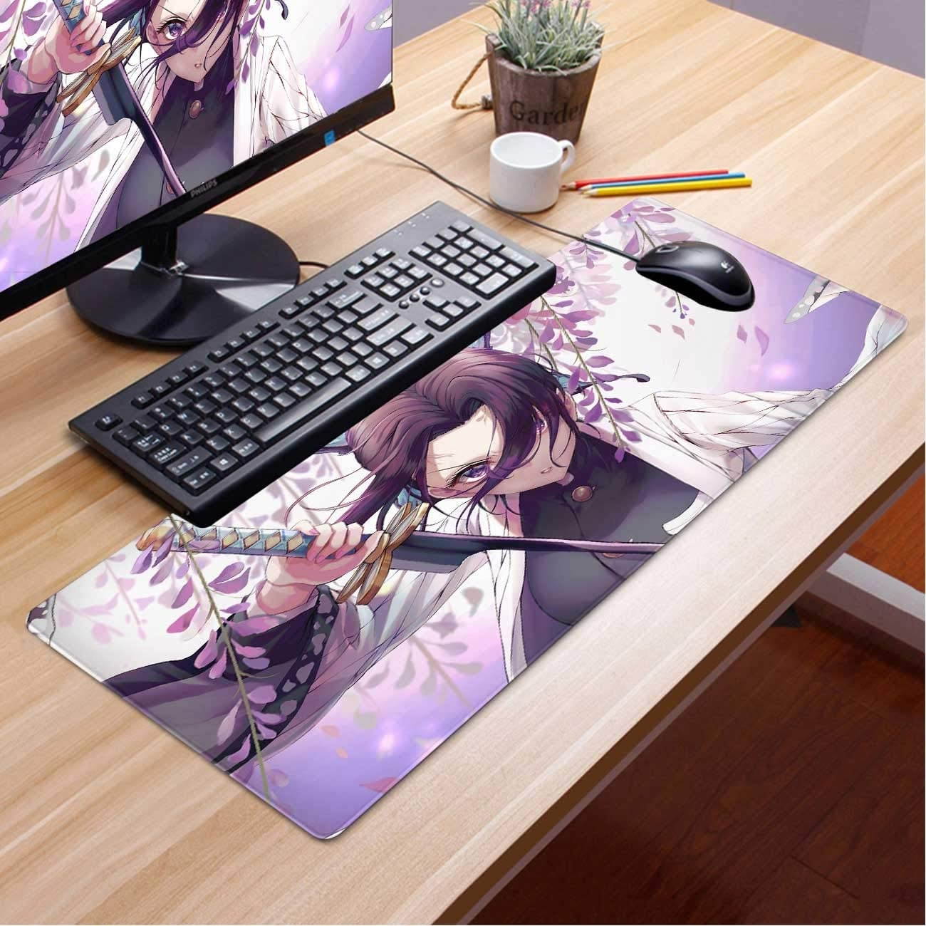Mouse Pad Anime Demon Slayer Shinobu Kocho Katana Insect Pillar Kimetsu,Laptop Desk Pad,Mousepad with Stitched Edge Frame & Non-Slip Rubber Base,Computer Keyboard and Mice Pads Mouse Mat 29.5x15.7