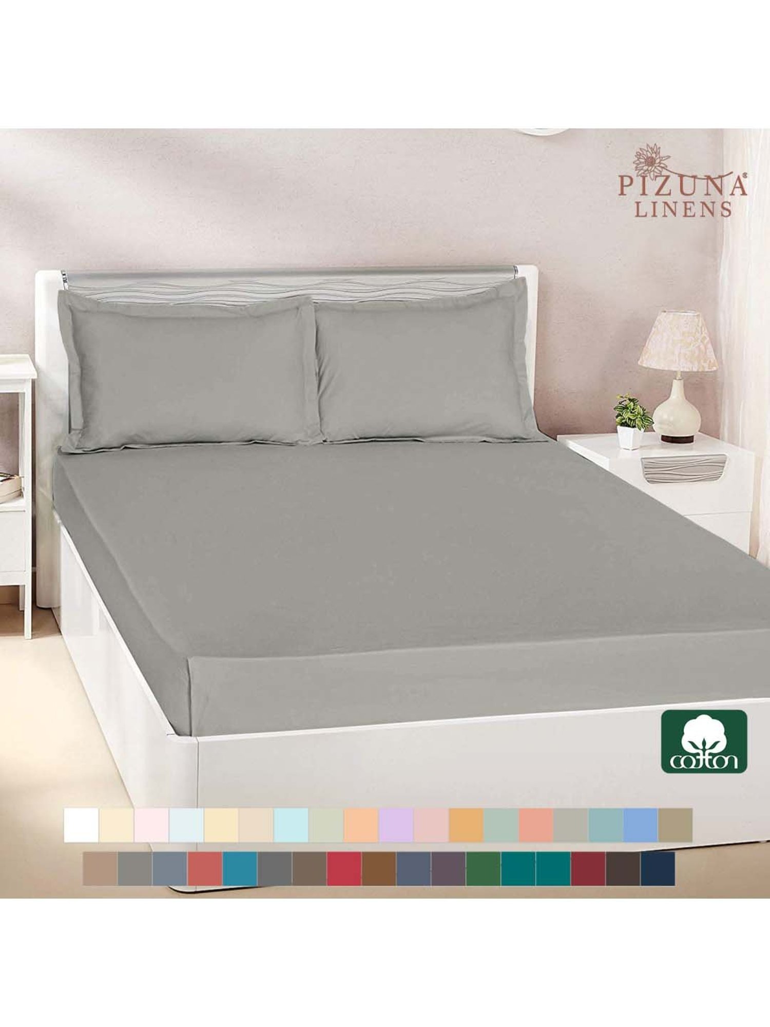 Pizuna 400TC 100% Cotton Silver Flat Bed Sheet Queen Size With 2 Pillow Cover