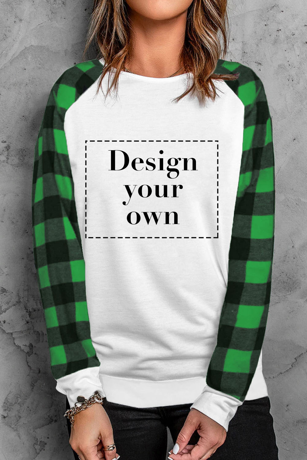 Blank Sweatshirt - Green Casual Buffalo Plaid Raglan Sleeve Top Customized