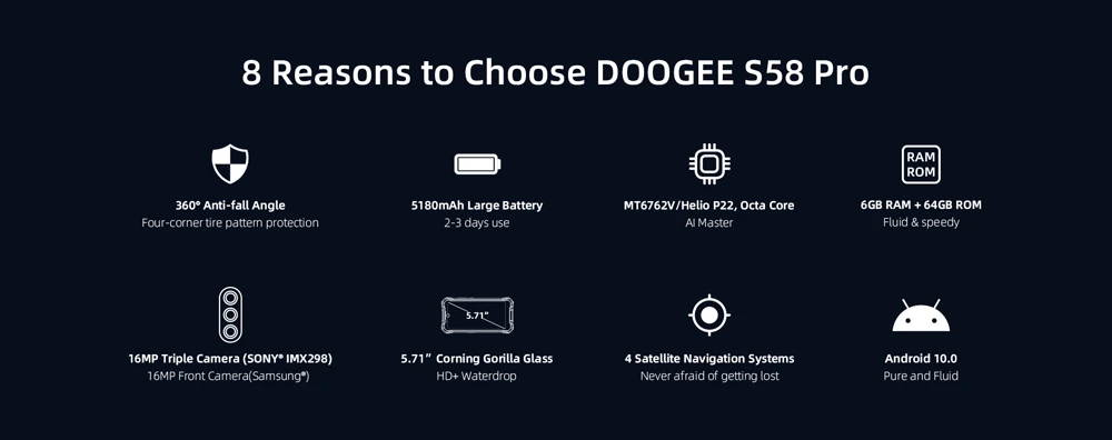 DOOGEE S58 Pro Global Version 5.71 inch IP68/IP69K Waterproof NFC 5180mAh Android 10 16MP AI Triple Rear Camera 6GB 64GB Helio P22 4G Smartphone
