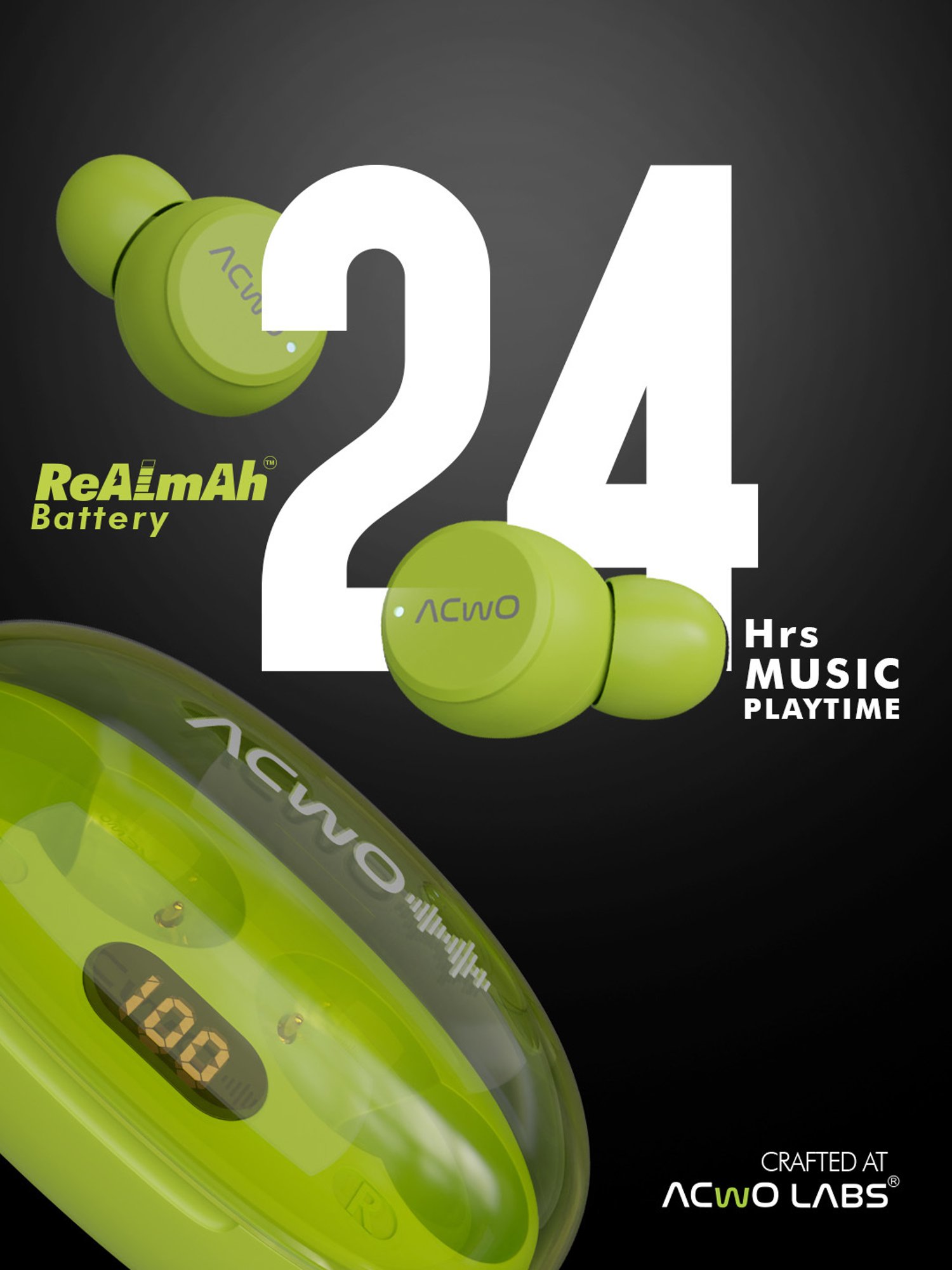 ACwO DwOTS Trans In Ear Bluetooth Earbuds with 35 Hours Playtime (Lime-Green, True Wireless)