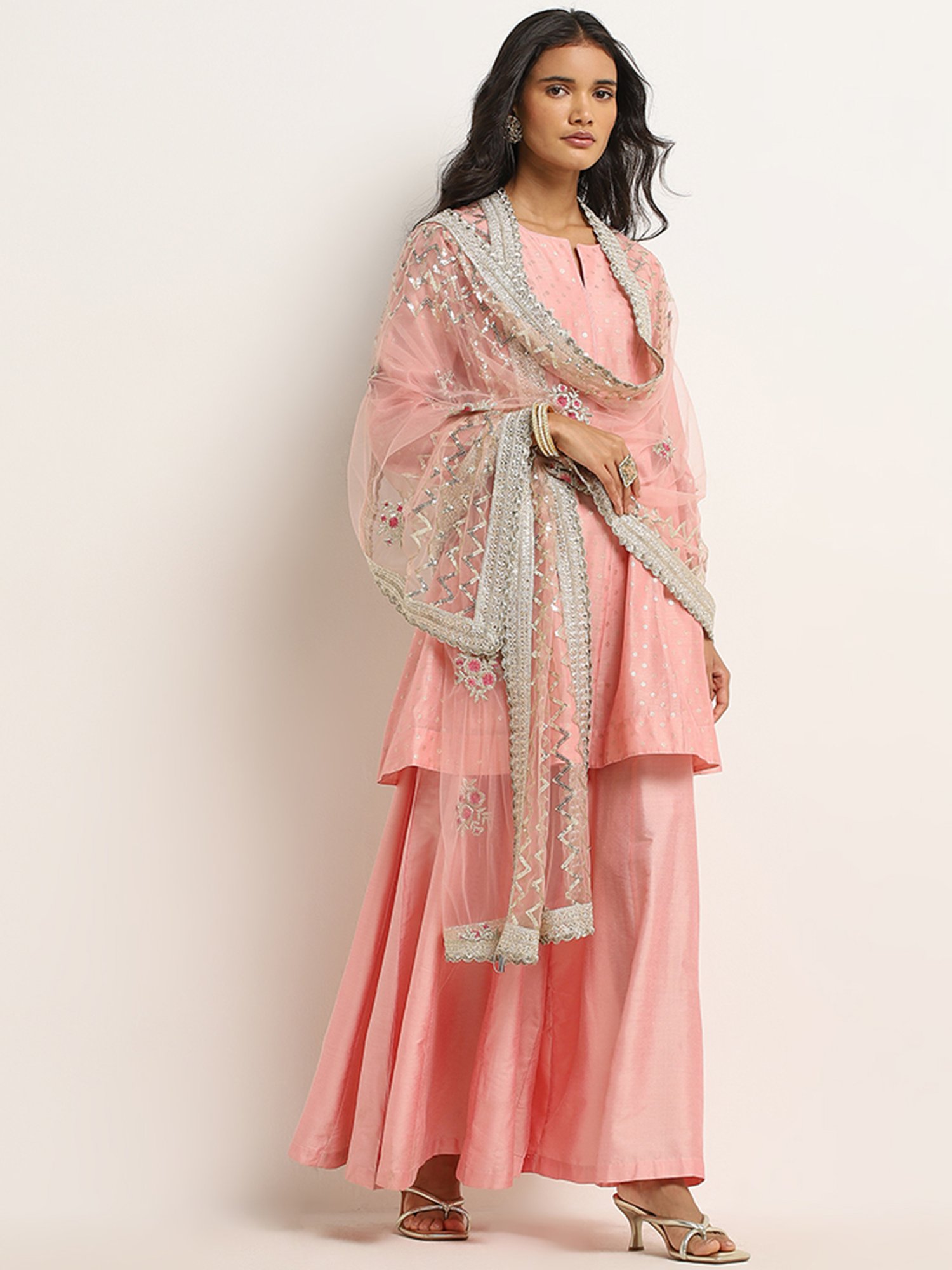 Vark by Westside Pink Printed A-Line Kurti, Palazzos and Dupatta Set