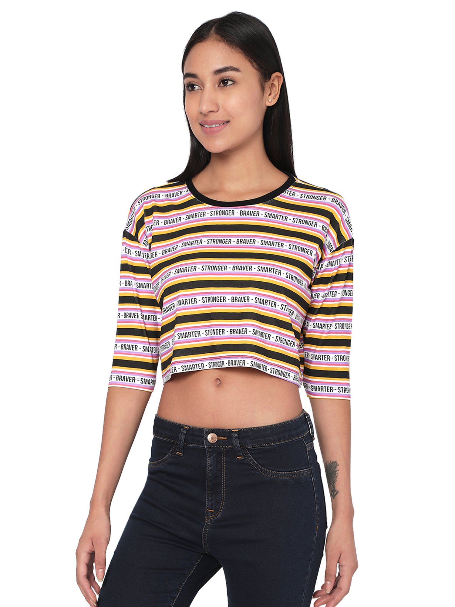 Spykar Yellow & Black Striped Crop Top