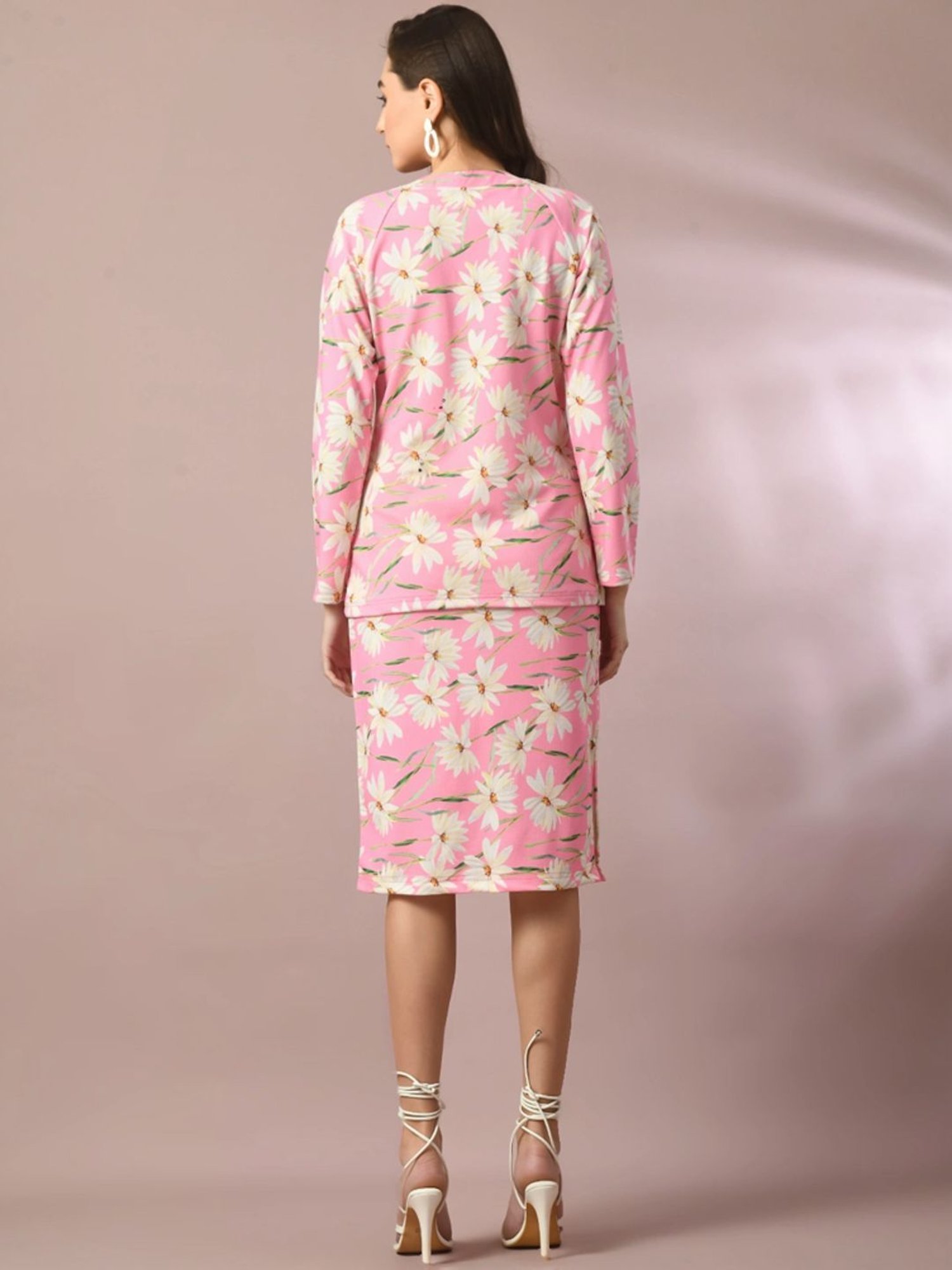 Myshka Pink Floral Print Top Skirt Set