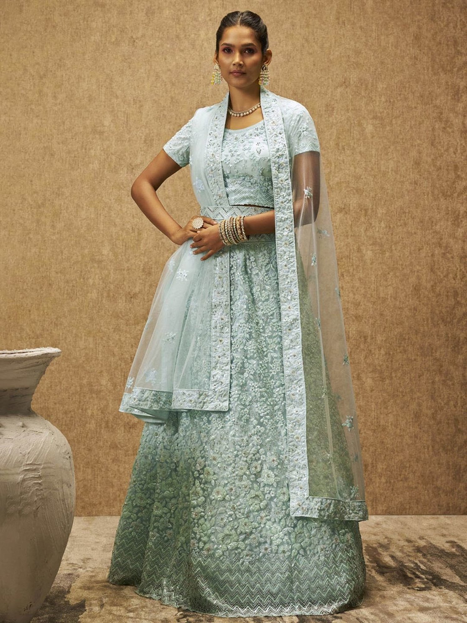 Soch Powder Blue Embellished Unstitched Lehenga Choli Set With Dupatta