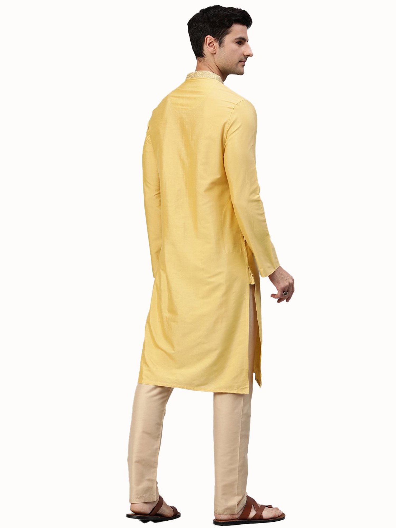 Manthan Fawn Mandarin Collar Self Design Kurta