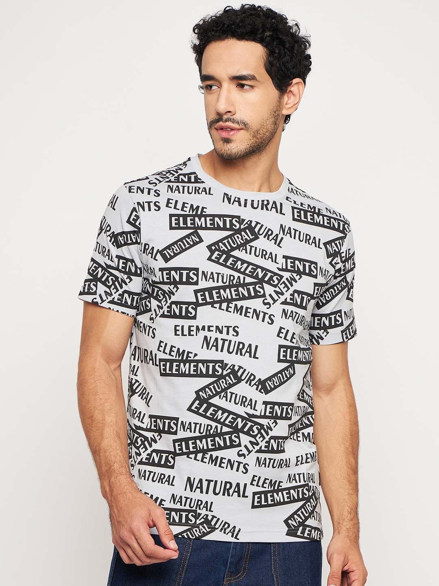 Club York Grey Cotton Regular Fit Printed T-Shirt