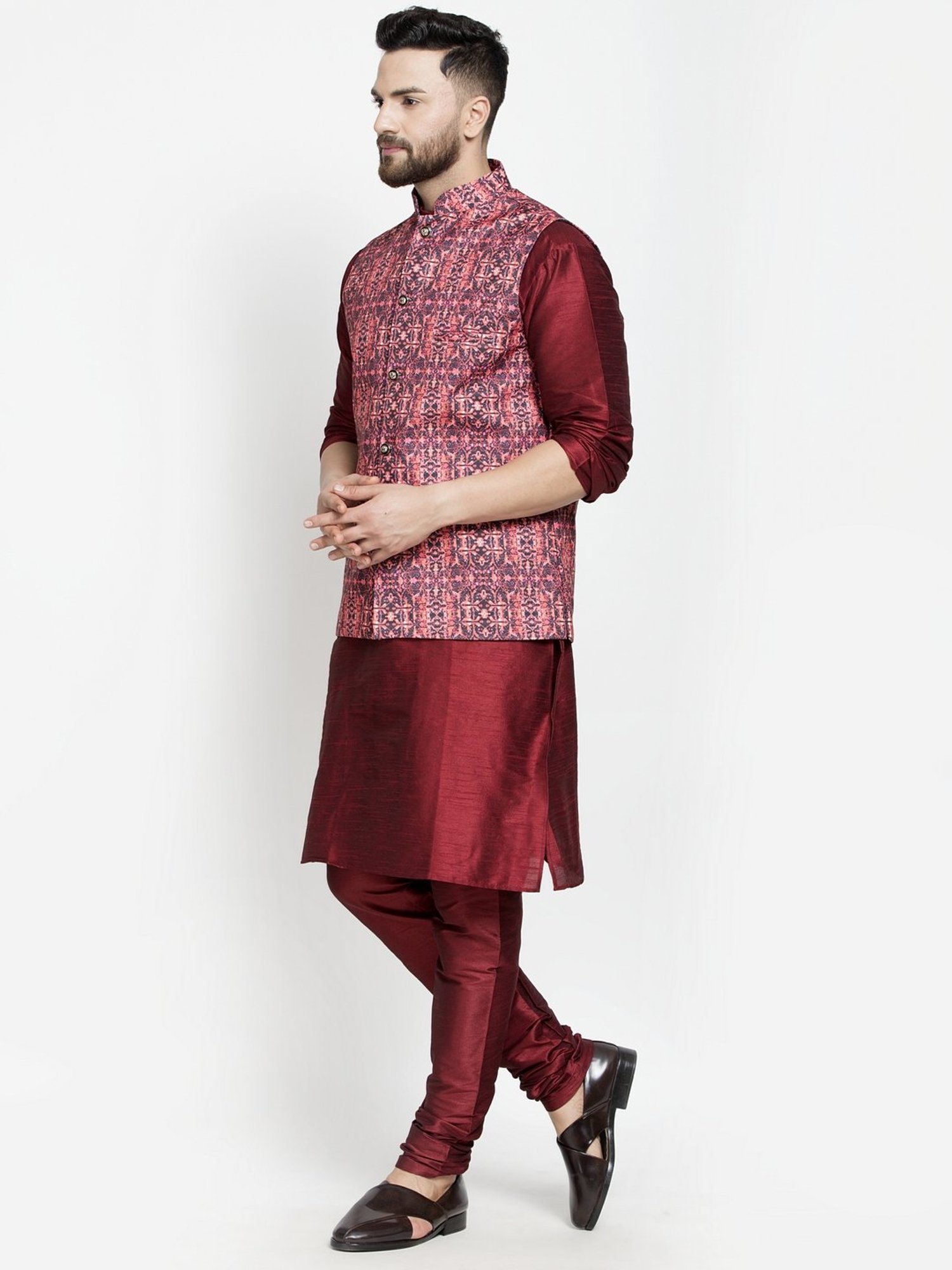 Benstoke Maroon & Coral Regular Fit Printed Kurta Set With Jacket