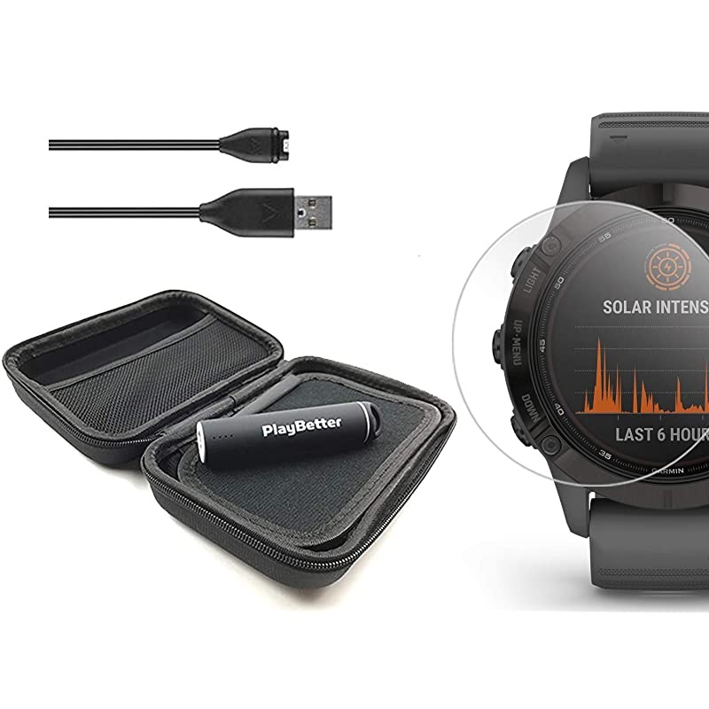 Garmin Fenix 6 Pro Solar (Black with Slate Gray Band) Power Bundle | +HD Screen Protectors,  Portable Charger & Hard Case | Solar Charging, ClimbPro, PacePro, Spotify