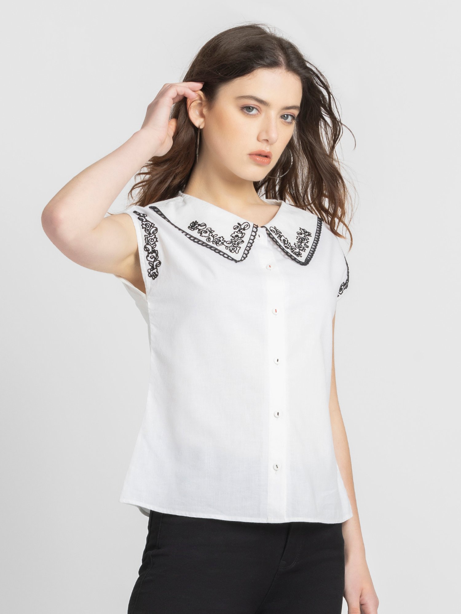 SHAYE White & Black Cotton Embroidered Top