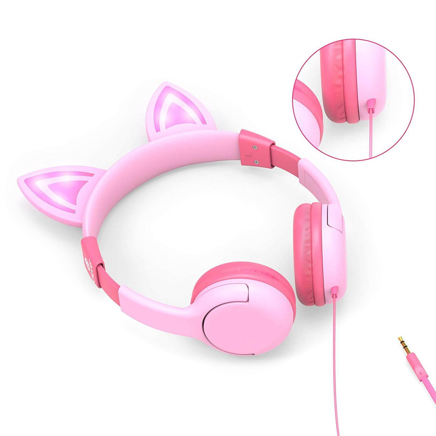 iClever Kids Headphones Over Ear, LED Backlight, Safe Wired Kids Headsets 85dB Volume Limited, Food Grade Silicone, 3.5mm Aux Jack, Cat-Inspired Headphones for Kids, Pink