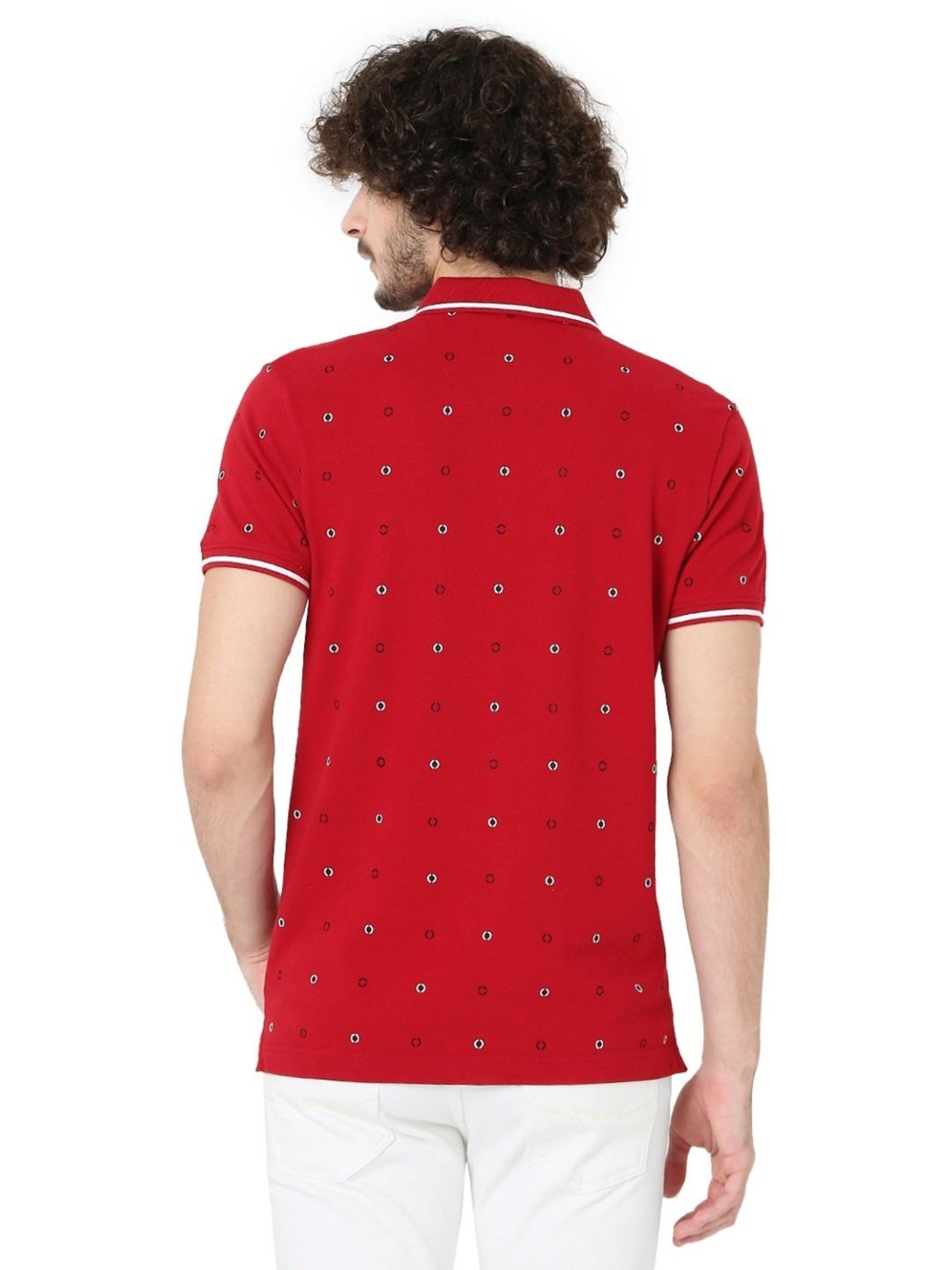 Mufti Red Cotton Slim Fit Printed Polo T-Shirt