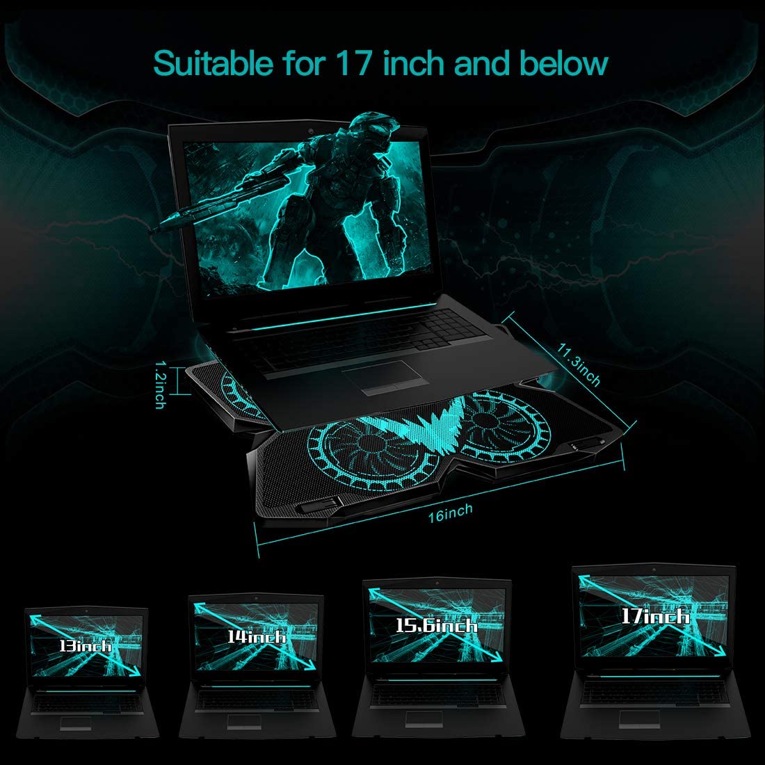 Laptop Cooling Pad, Gaming Laptop Cooler Stand with 4 Silent Big Fans for Notebook, Stable Cooling Pad for Laptop, 2 USB Powered Fan Compatible up to 17&rdquo;, Control Fan Speed for PC, 2020 New Version