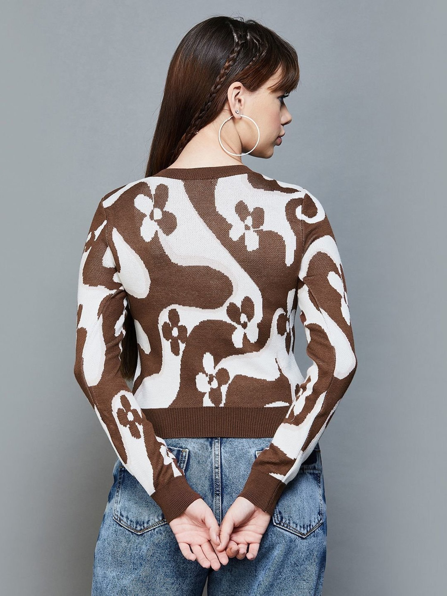 Ginger by Lifestyle Brown & White Printed Sweater
