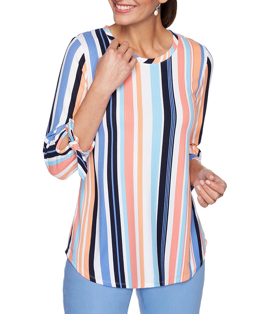 Calessa Petite Size Matte Jersey Knit Button Front Roll Tab Blouse