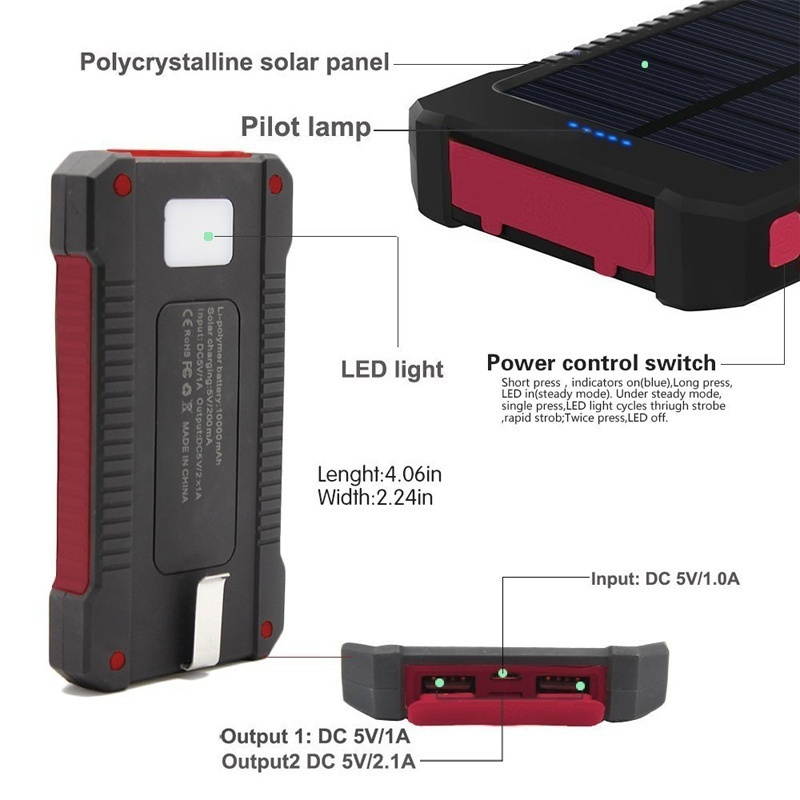 10000mAh Power Bank Waterproof Shock Drop Resistance Dual USB Travel Solar Charger PowerBank For Android Smart Phone