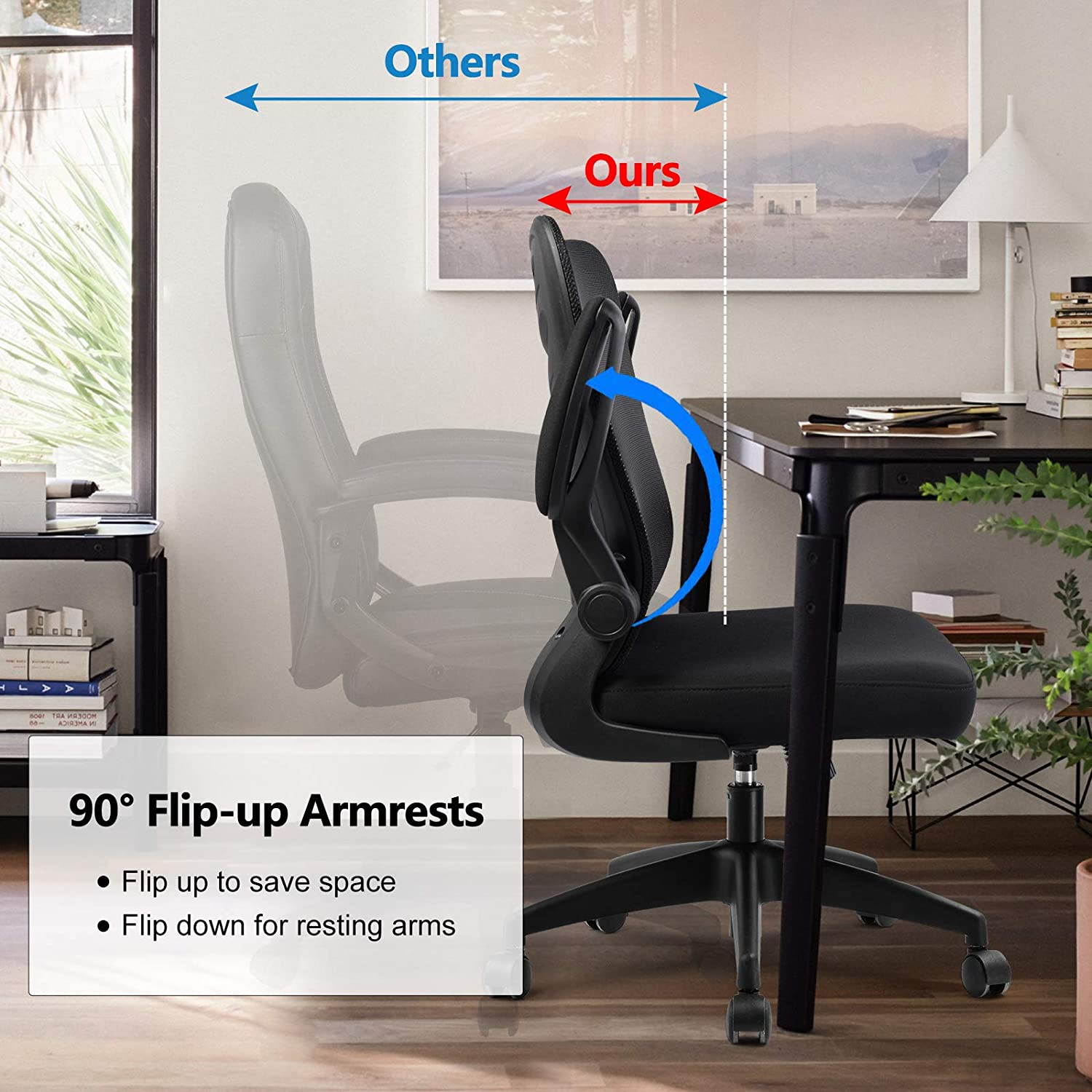 Office Chair Ergonomic Desk Computer Chair with Flip Up Arms Lumbar Support Adjustable Swivel Mid Back for Home Office Black