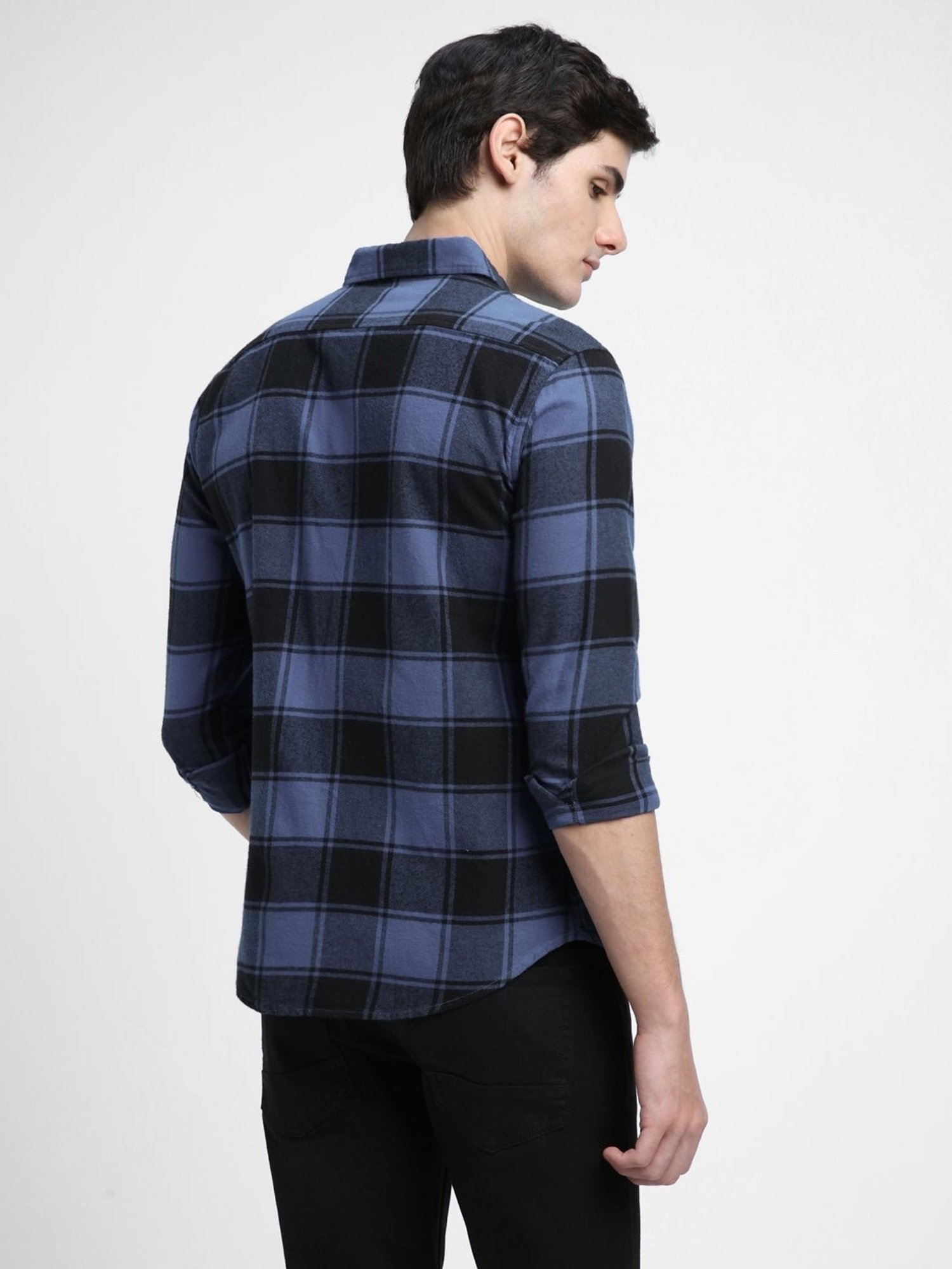 Dennis Lingo Blue Cotton Slim Fit Checks Shirt